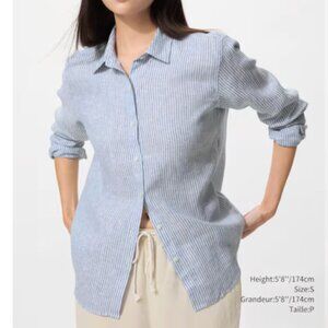 UNIQLO Blue and White 100% Linen Striped Button Down Shirt Size L